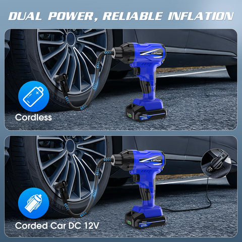 Cordless Tire Inflator Portable On The Go Air Compressor With 150 PSI Dual Power DC 12V And Battery Handheld Air Pump