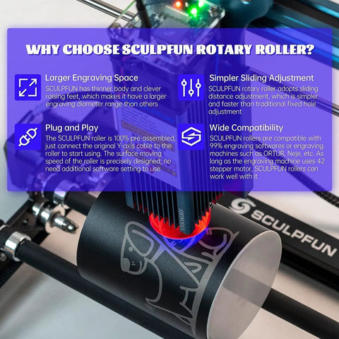 Plug And Play Laser Rotary Roller For Y Axis Engravers, 360 Degree Rotating Cylinder Attachment processing a design on a can.