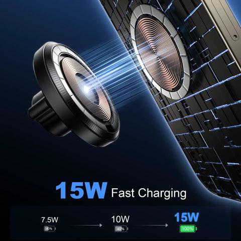 15W Fast Wireless Car Mount Charger image showing magnetic alignment with iPhone for Heavy Duty 15W Fast Wireless Car Mount Charger That Plugs Straight Into Standard Cigarette Lighter Socket Giving iPhones Dead Simple Setup And Knockout Magnetic Grip On Long Rides.