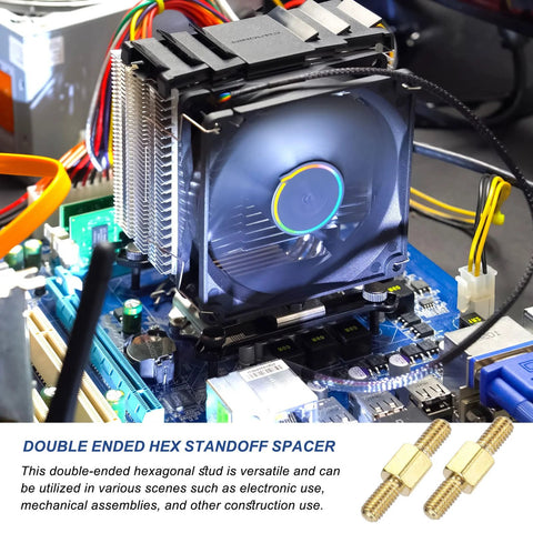 Front view of motherboard area showing two brass double-ended hex standoff spacers for electronics assembly
