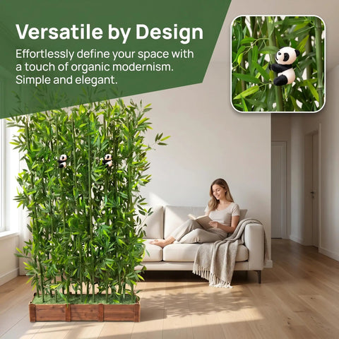 Ultra Private Bamboo Privacy Screen With Solid Wood Base Thick Faux Stalks And Panda Decor UV Resistant Tall Fake Plant Indoors