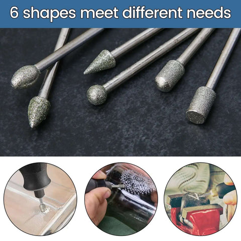Close-up of Pro Grade Diamond Burr Set for Rotary Tool Grinding and Engraving, 36 Piece Diamond Mounted Bits in various shapes