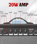 20 Watt Portable Electric Guitar Amplifier controls with headphone input and gain for quiet practice or onstage jams