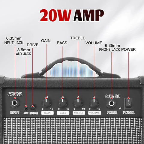 20 Watt Portable Electric Guitar Amplifier controls with headphone input and gain for quiet practice or onstage jams