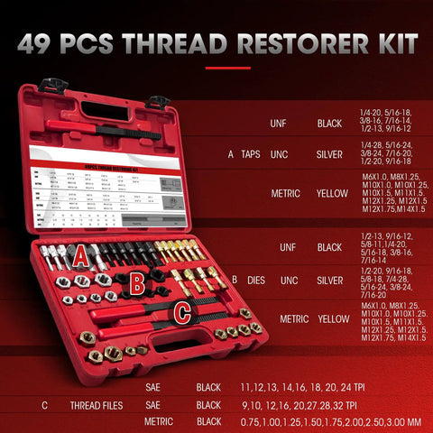 49 Piece Thread Repair Tool Set For Chasing And Restoring SAE And Metric Threads Pro Grade Heavy Duty Automotive Workhorse in case