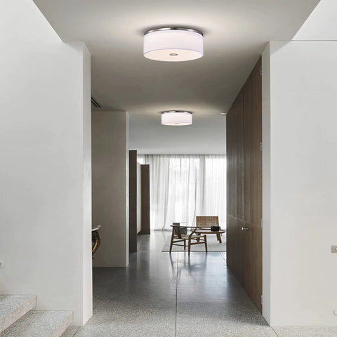 Totally Sleek Modern Flush Mount Ceiling Light With Brushed Nickel Drum Linen Shade 14 Inch LED Fixture installed in a hallway