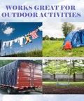 Outdoor scenes showcasing uses like camping, laundry drying, trucking, and swing with Tough As Nails Half Inch By 200 Feet Rope