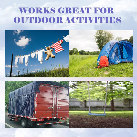 Outdoor scenes showcasing uses like camping, laundry drying, trucking, and swing with Tough As Nails Half Inch By 200 Feet Rope