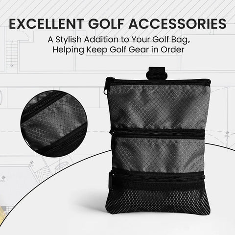 Golf Bag Organizer Pouch With 3 Zip Pockets And Sturdy Hook Multi Pocket Design For Storing Balls Black, close-up view