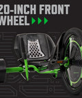 Green Machine 20 Inch Drift Trike For Kids 8 And Up with dual stick steering, featuring 20-inch front wheel and adjustable seat.