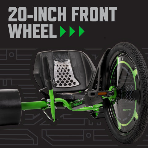 Green Machine 20 Inch Drift Trike For Kids 8 And Up with dual stick steering, featuring 20-inch front wheel and adjustable seat.