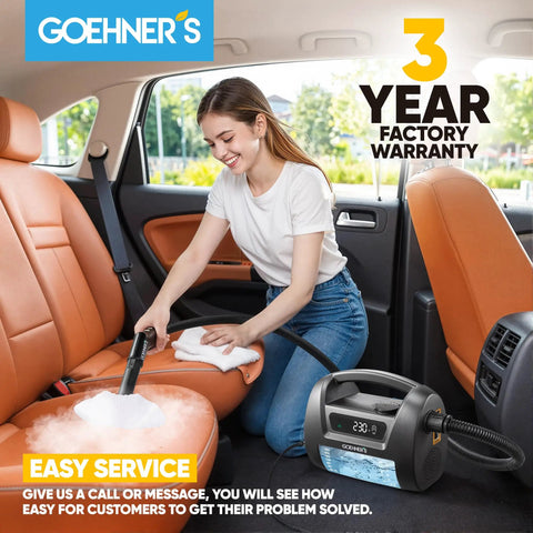 Upgraded Handheld Steam Cleaner For Home And Car Detailing At 230 Degrees F in use for cleaning car seats with steam.