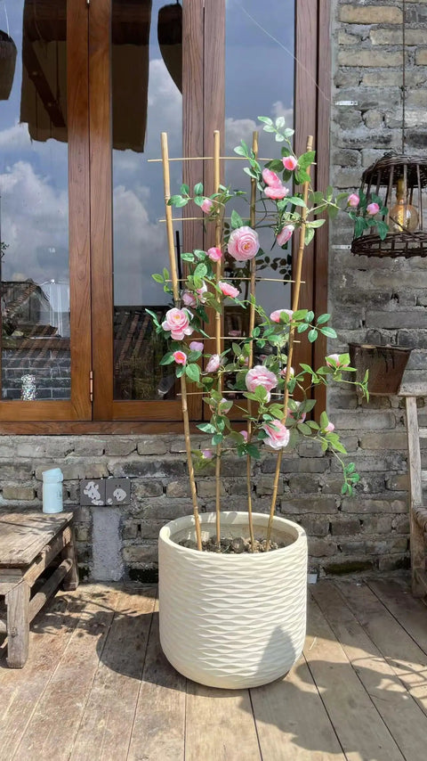3 Pack 4 Foot Bamboo Trellis Fan Shaped Plant Support For Outdoor And Indoor Potted Climbing Plants Vegetables Tomatoes Cucumbers Vines Flowers And More Sturdy Handmade Natural Bamboo Stakes Perfect For Hoya Jasmine Grapes with pink flowers