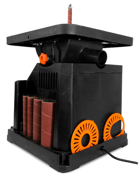 Oscillating Spindle Sander With a Beefy Beveling Table Top, 3.5 Amp Motor, 2000 RPM, 58 Stroke Per Minute, onboard storage