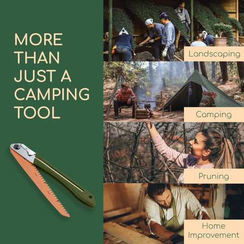 Foldable Camp Saw With 11.4 Inch SK5 Steel Blade, One-Hand Operation, secure lock, ergonomic handle visible alongside outdoor activities