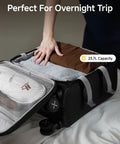 Person packing clothes in Underseat Carry-On Luggage With Spinner Wheels, Soft Sided 15 Inch Travel Case For Air Travel And Business, Black