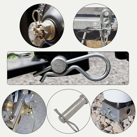 Built Tough 8 To 20 Pack Adjustable Clevis Pins Set in use on various trailer and hitch setups, showcasing zinc coated alloy steel.