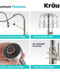 Bolden Commercial Style Two Function Pull Down Kitchen Faucet features, showing pull-down technology and 180° swivel.