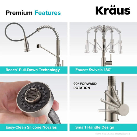 Bolden Commercial Style Two Function Pull Down Kitchen Faucet features, showing pull-down technology and 180° swivel.