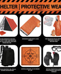 48 Hour Survival Kit With 228 Pieces Of Go Bag Gear showing shelter, bivvy, poncho, backpack, bandana and protective gloves