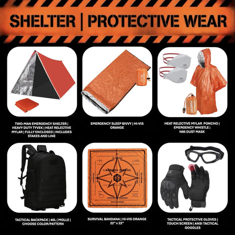 48 Hour Survival Kit With 228 Pieces Of Go Bag Gear showing shelter, bivvy, poncho, backpack, bandana and protective gloves