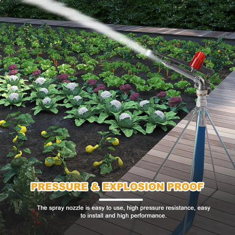 1.5 Inch Agriculture Irrigation Sprinkler With 360 Degree Rotary Action Heavy Duty Zinc Alloy Farm Water Distributor in garden.