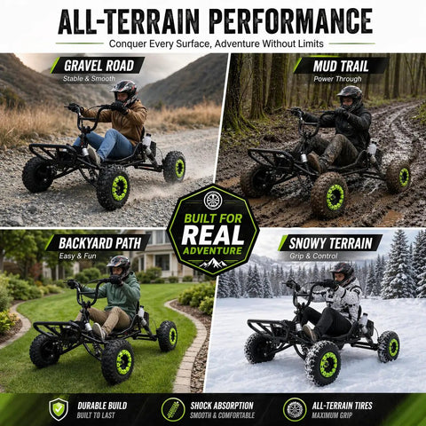 Four 63cc Gas Off Road Go Karts For Kids Teens And Adults On Gravel, Mud, Grass, And Snow