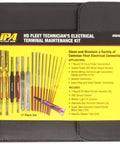 Pro Grade Terminal Connector Cleaner Kit for Automotive Systems displayed in a case with various tools for car maintenance.