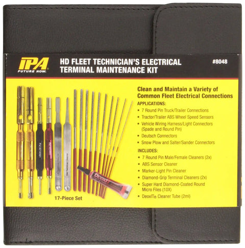 Pro Grade Terminal Connector Cleaner Kit for Automotive Systems displayed in a case with various tools for car maintenance.