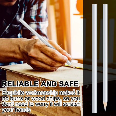 Person using 48 Pack Silver Welding Pencils For Metal And Woodworking Durable Wooden Marking Pencils With Strong Lead Safe Construction Tool For Builders Trades Pros Teachers Students Shop Or Office on wood surface