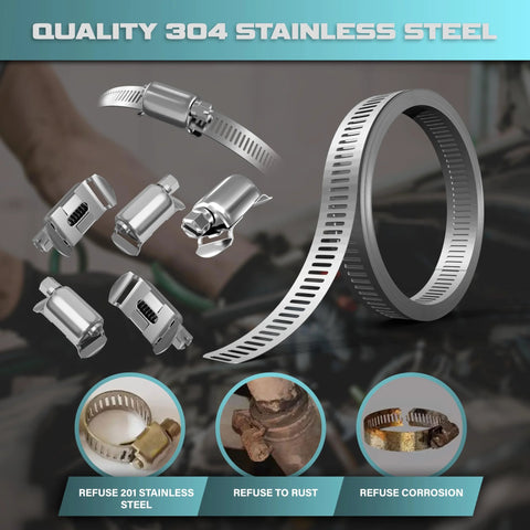 cut-to-fit stainless steel hose clamps, adjustable 304 steel kit suitable for securing hoses, pipes, ducts; rust and corrosion resistant
