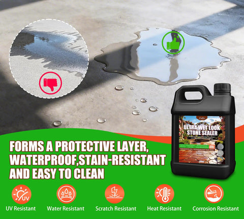 Top Shelf Wet Look Stone Sealer One Gallon Ultra Gloss Paver And Concrete Coating for driveways shown with water beads on concrete.