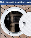 Round Non Slip Boat Hatch With Detachable Cover Waterproof ABS Marine Access Hatch For Boats And Yachts 4 6 8 Inch Options White Finish Weather Tight With O Ring Seal Ideal For Interior And Exterior Deck Use showing open cover on wooden deck