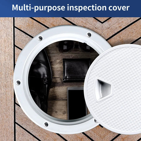 Round Non Slip Boat Hatch With Detachable Cover Waterproof ABS Marine Access Hatch For Boats And Yachts 4 6 8 Inch Options White Finish Weather Tight With O Ring Seal Ideal For Interior And Exterior Deck Use showing open cover on wooden deck