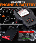 2-In-1 OBD2 Scanner and Battery Tester for Quick Engine Light Diagnosis and Battery Health Check with screen display, gauges, and cables.