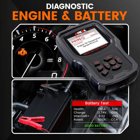 2-In-1 OBD2 Scanner and Battery Tester for Quick Engine Light Diagnosis and Battery Health Check with screen display, gauges, and cables.
