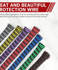 Colorful variations of Expandable Braided Cable Sleeve With PP Yarn And PET Blend against marble background