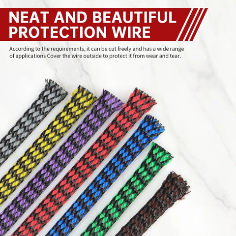Colorful variations of Expandable Braided Cable Sleeve With PP Yarn And PET Blend against marble background