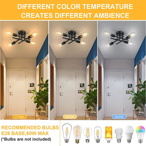 Industrial Four Light Semi Flush Mount Ceiling Light Fixture Matte Black Rustic Sputnik Chandelier for cozy ambiance with different bulb temperatures.