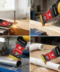 Game Changing TiCN Carbide Oscillating Saw Blades 3 Pack cutting through metal and wood, showing sparks and debris.