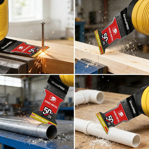 Game Changing TiCN Carbide Oscillating Saw Blades 3 Pack cutting through metal and wood, showing sparks and debris.
