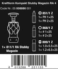 Diagram of Stubby Ratchet Screwdriver With Bit Magazine, 6-Piece Set showing included bits, compact design, and product code.