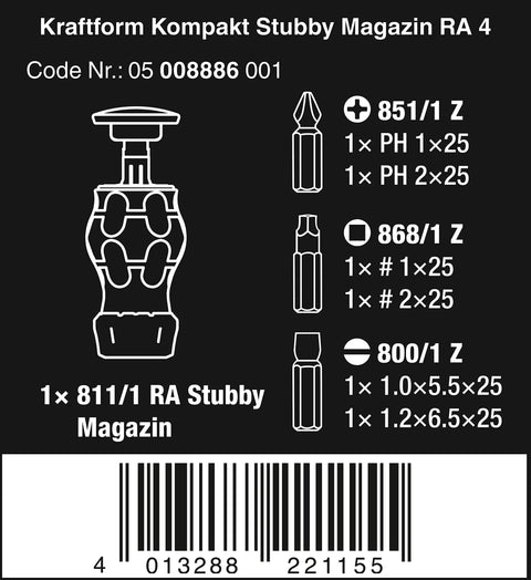 Diagram of Stubby Ratchet Screwdriver With Bit Magazine, 6-Piece Set showing included bits, compact design, and product code.
