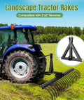 Heavy Duty 60 Inch Landscape Rock Rake With 3 Point Hitch And 360 Degree Rotation Tow Behind Yard Leveler attached to tractor