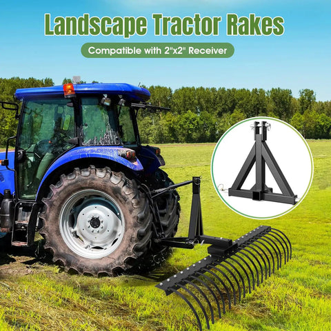 Heavy Duty 60 Inch Landscape Rock Rake With 3 Point Hitch And 360 Degree Rotation Tow Behind Yard Leveler attached to tractor