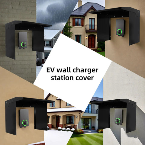 Badass Weatherproof EV Charger Cover For Tesla Wall Unit That Kicks Butt In Storms And Blocks Heat, black steel shell, mounted on wall.