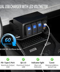 3 Gang Marine Rocker Switch Panel With 12V Dual USB Outlet PD Type C And QC3.0 LED Voltmeter Waterproof Night Glow Labels 20A 24V Rocker Switches For Boat RV Truck Auto And UTV mounted in vehicle dash