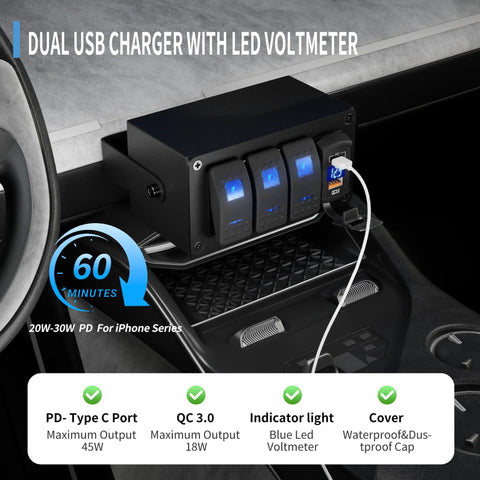 3 Gang Marine Rocker Switch Panel With 12V Dual USB Outlet PD Type C And QC3.0 LED Voltmeter Waterproof Night Glow Labels 20A 24V Rocker Switches For Boat RV Truck Auto And UTV mounted in vehicle dash