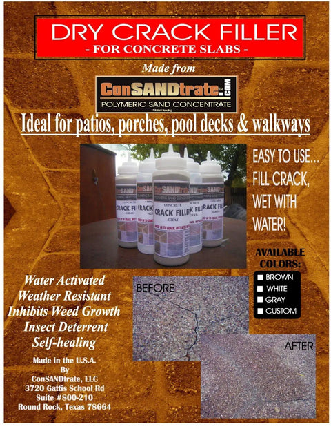 Top Rated Stained Concrete Crack Filler For Driveway Patio Pool Deck Walkway Restoration Water Activated Heavy Duty Patch Mix In Mocha Brown Shade displayed in product packaging and before-after images.