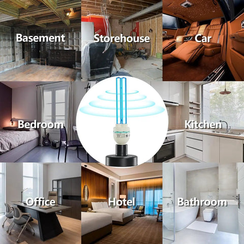 Image showing 36W UVC Germ Busting Light Bulb for Basements Garages and Cars with E26 Base 110V Ozone Free in various room settings.